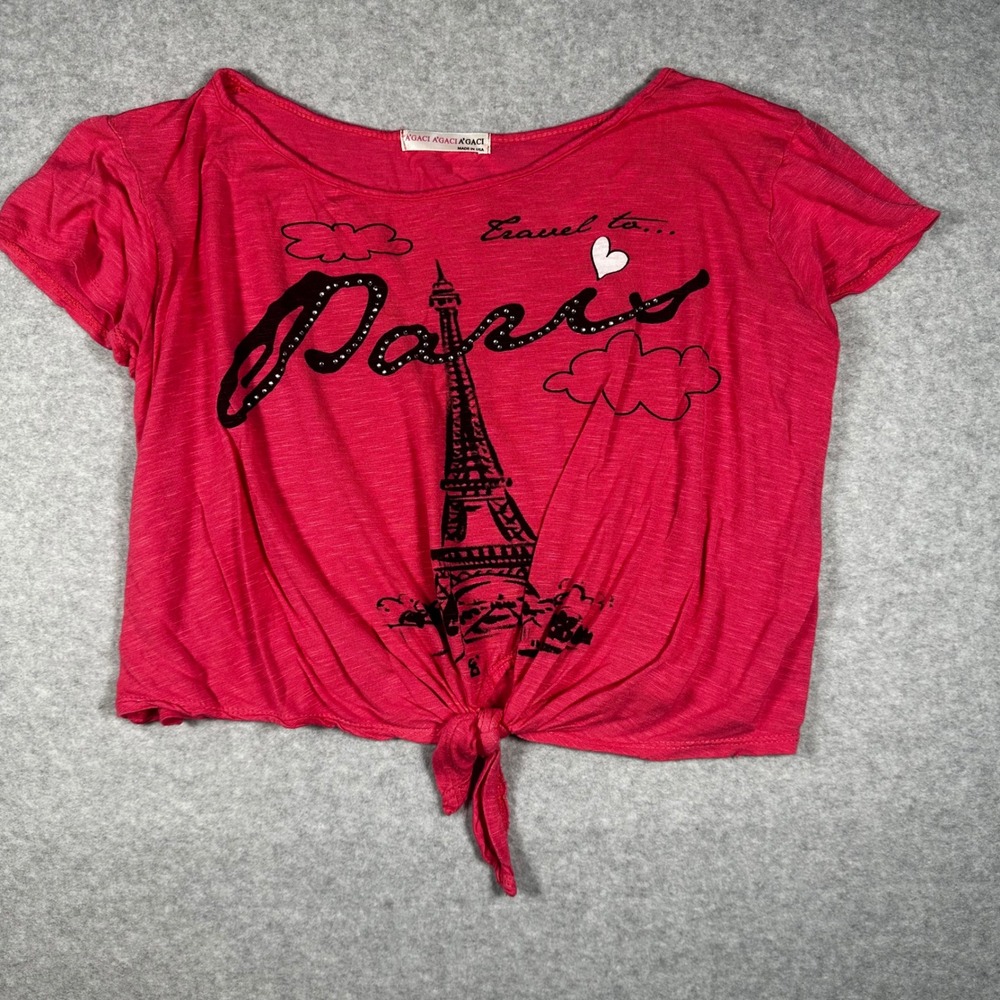 A'GACI Womens Pink Paris Eiffel Tower Graphic Front Tie Crop Top Y2K Size M